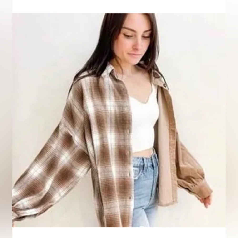 Blue B Brown & White Plaid Half Flannel‎ Half Corduroy Button-Up Shirt Medium